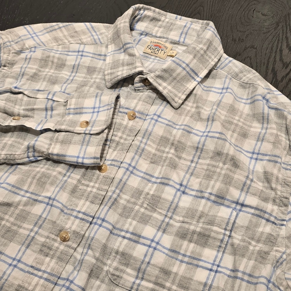 Faherty Brand Cloud Flannel Shirt Mens Large Grey Blue Plaid MWF2109-GCP Cotton